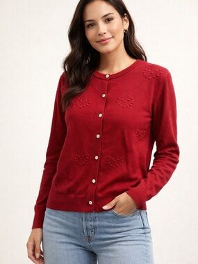 Women’s Red Heart-Pointelle Button Cardigan Sweater